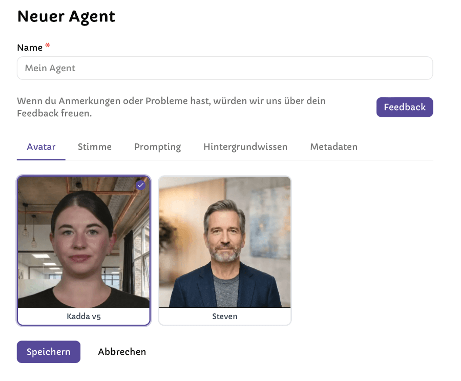 Avaluma Agent Builder – Avatar auswählen